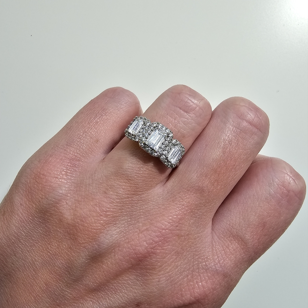 1 CT 3 Stone Emerald-Cut Halo Ring